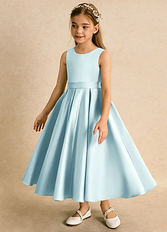 Azazie Junebuj Flower Girl Dresses Sea Glass Ball-Gown Pleated Matte Satin Dress image3