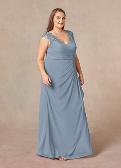 Azazie Gladys Mère de la mariée Robes Robe Trapèze en Mousseline de soie Dentelle Reine Anne Bleu Poussiéreux image10