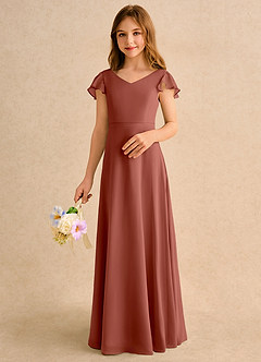 Azazie Nari Girls Formal Robe Demoiselle D'honneur Fillette Robe Trapèze en Mousseline de soie avec manches Auburn image4