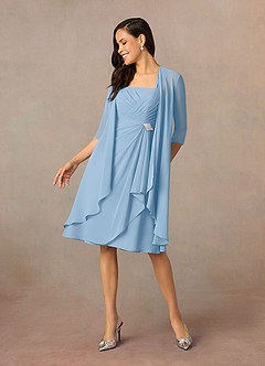 Azazie Olivia Mère de la mariée Robes Robe Trapèze en Mousseline de soie Encolure carrée plissée Poudre Bleue image1