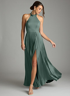 Azazie Zienna Final Sale Dusty Blue A-Line Pleated Stretch Satin Dress image3