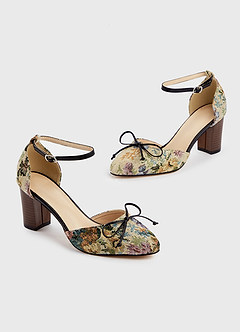 front Floral Tapestry Ankle Strap Block Heels
