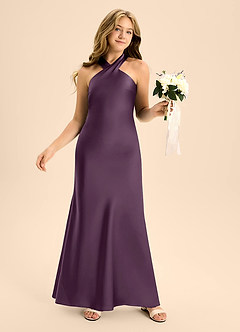 Azazie Doretta Junior Plum A-Line Pleated Stretch Satin Dress image5