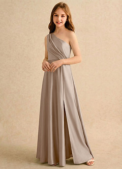 Azazie Puddles Girls Formal Flower Girl Dresses Taupe A-Line One Shoulder Stretch Satin Dress image4