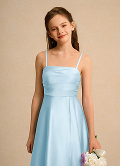 Azazie Pebbles Junior Formal vestidos de niña de las flores Vestido de Azul Cielo de Satin Mate de Corte En A con Plisado image4