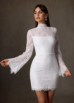 Azazie Ivie Vestidos de novia Vestido de Diamante Blanco de Encaje de Corte Recto con Cuello alto image3