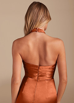 Azazie Jemma Bridesmaid Dresses Burnt Orange Sheath Pleated Metallic Satin Dress image2