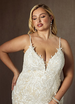 Azazie Camlynn Wedding Dresses Diamond White Champagne Mermaid V-Neck Sequins Tulle Dress image12