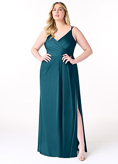 Azazie Aqua Bridesmaid Dresses Ink Blue A-Line V-Neck Pleated Stretch Satin Dress image8