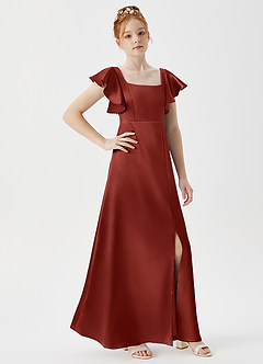 Azazie Bondi Junior Terracotta A-Line Side Slit Metallic Satin Dress image3