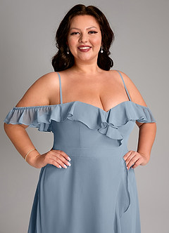 Azazie Lyra At-home Try On Dresses Dusty Blue A-Line Chiffon Convertible Dress image17