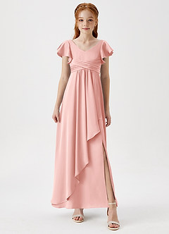 Azazie Omari Junior Powder Pink A-Line Pleated Stretch Satin Dress image4