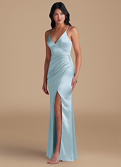 Azazie Shania Vestidos de damas de honor Vestido de Azul Cielo de Satén Metálico de Corte Recto con Plisado image6
