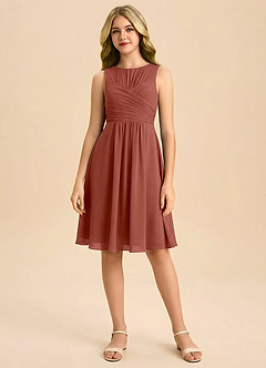 Azazie Skyla Junior Jurk van Chiffon met A-Lijn Geplooid Kastanjebruin image3