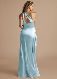 Azazie Maive Bridesmaid Dresses Sky Blue Sheath Ruched Metallic Satin Dress image3