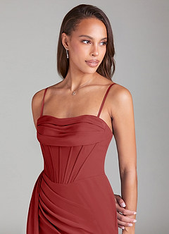Azazie Amyra Bridesmaid Dresses Rust Sheath Off the Shoulder Chiffon Convertible Dress image2