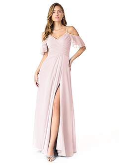 Azazie Dakota Robes de demoiselle d'honneur Robe Trapèze en Mousseline de soie Col V plissé Rose Pâle image1
