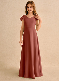 Azazie Nari Girls Formal Robe Demoiselle D'honneur Fillette Robe Trapèze en Mousseline de soie avec manches Auburn image5