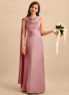 Azazie Sanah Girls Formal Robe Demoiselle D'honneur Fillette Robe Trapèze en Satin extensible Plissée Rose Poussiéreuse image3