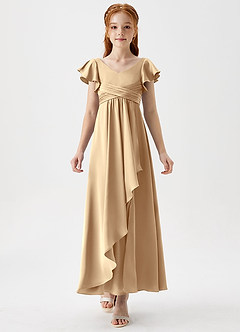 Azazie Omari Junior Champagne A-Line Pleated Stretch Satin Dress image5
