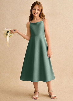 Azazie Jaella Girls Formal Flower Girl Dresses Eucalyptus A-Line Pleated Matte Satin Dress image2