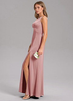 Azazie Feby Vestidos de madrinha de casamento Vestir Rosa Empoeirada de Cetim elástico de Linha A com Um ombro image5
