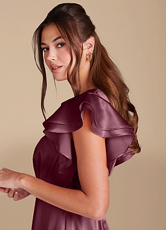 Azazie Daphne Modest Bridesmaid Dresses A-Line Ruched Metallic Satin Floor-Length Dress image5