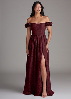 Azazie Autumn Bridesmaid Dresses Cabernet A-Line Off the Shoulder Floral Burnout Dress image4