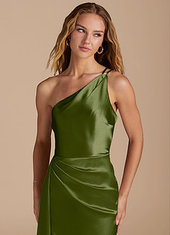 Azazie Maron Final Sale Olive Sheath One Shoulder Metallic Satin Dress image6