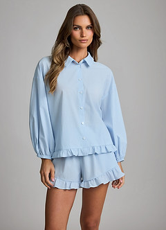 front Pyjamaset van lyocell-katoen met ruches en knoopsluiting, los model.