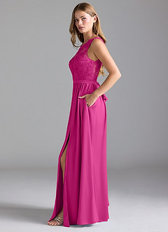 Azazie Elly Bridesmaid Dresses Fuchsia A-Line Lace Stretch Satin Dress image8