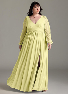 Azazie Norah Bridesmaid Dresses Lemon Sorbet A-Line V-Neck Long Sleeve Chiffon Dress image6