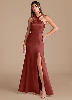 Azazie Rue Bridesmaid Dresses Terracotta Sheath Pleated Metallic Satin Dress image3