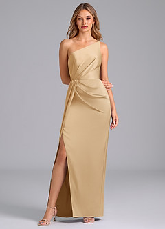 Azazie Naria Bridesmaid Dresses Gold Sheath One Shoulder Stretch Satin Dress image3