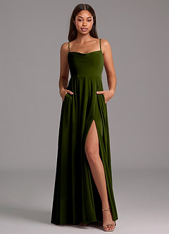 Azazie Elle Bridesmaid Dresses Olive A-Line with Pockets Velvet Dress image1