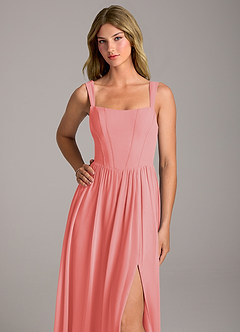 Azazie Rosaline Bridesmaid Dresses Coral A-Line Side Slit Chiffon Dress image2