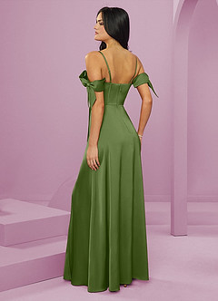 Barbie ♥ Azazie Robes de demoiselle d'honneur Robe Trapèze en Satin extensible Épaule décolletée Genévrier image2