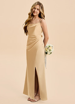 Azazie Christen Junior Gold A-Line Pleated Stretch Satin Dress image3