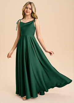 Azazie Popsy Junior Dark Green A-Line Bow Stretch Satin Dress image1
