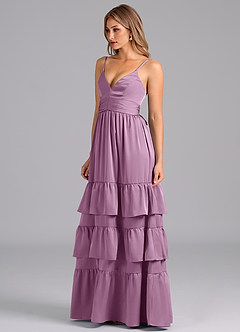Azazie Nathalia Bridesmaid Dresses Wisteria A-Line Pleated Stretch Satin Dress image4