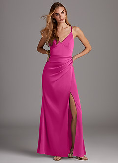 Azazie Shania Vestidos de damas de honor Vestido de Fucsia de Satén Elástico de Corte Recto con Cuello en V Plisado image3
