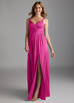 Azazie Chanel Final Sale Fuchsia A-Line Pleated Stretch Satin Dress image1