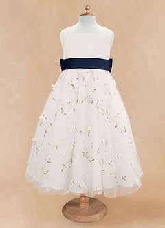 Azazie Pollie Flower Girl Dresses Ivory Dark Navy A-Line Bow Tulle Dress image11