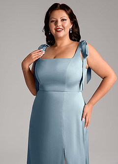 Azazie Frostine Bridesmaid Dresses Dusty Blue A-Line Bow Stretch Satin Dress image10