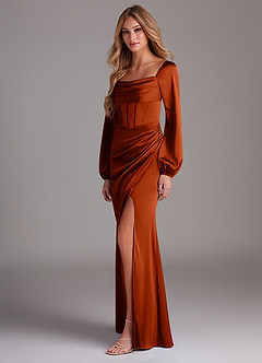 Azazie Charissa Bridesmaid Dresses Paprika Sheath Long Sleeve Stretch Satin Dress image5