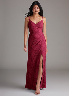 Azazie Leo Bridesmaid Dresses Burgundy Sheath Pleated Floral Burnout Dress image4