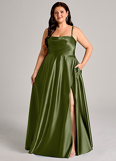 Azazie Elle Bridesmaid Dresses Olive A-Line with Pockets Metallic Satin Dress image7