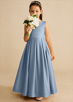 Azazie Cailee Flower Girl Dresses Dusty Blue Ball-Gown Pleated Matte Satin Dress image3