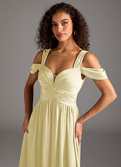 Azazie Lianne Bridesmaid Dresses Lemon Sorbet A-Line Off the Shoulder Stretch Satin Dress image3