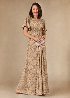 Azazie Emmeline Mother of the Bride Dresses Champagne A-Line Pleated Floral Burnout Dress image1